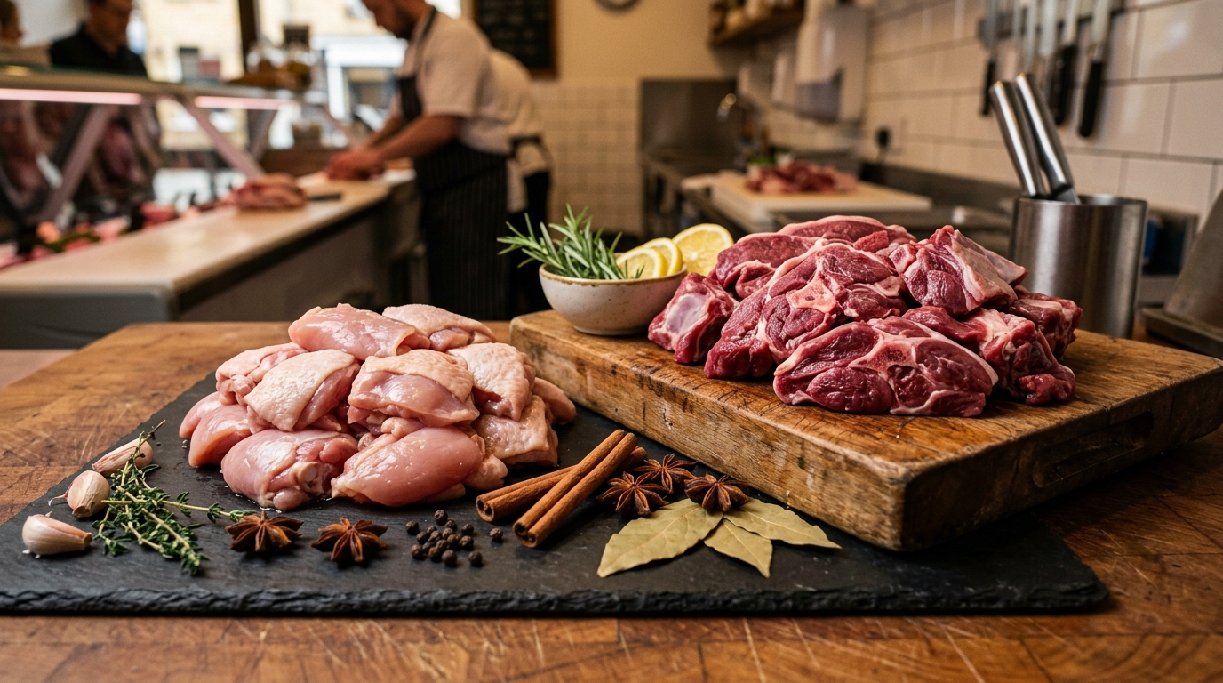 10 Bells 100% Fresh Farm Chicken and Tender Goat Mutton Cuts on Butcher Slate
